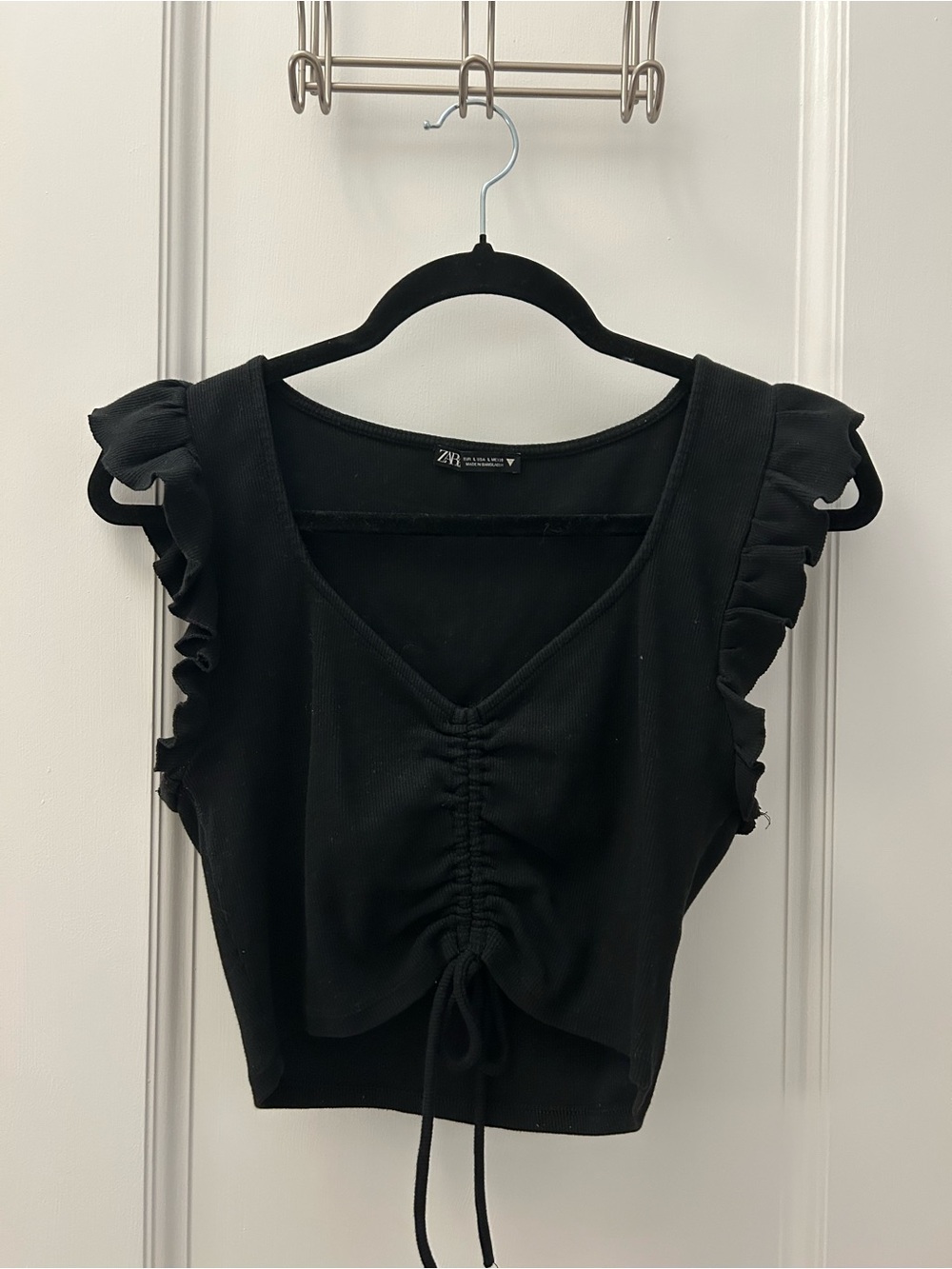 Zara Black Ruffle-Trim Drawstring V-Neck Crop Top